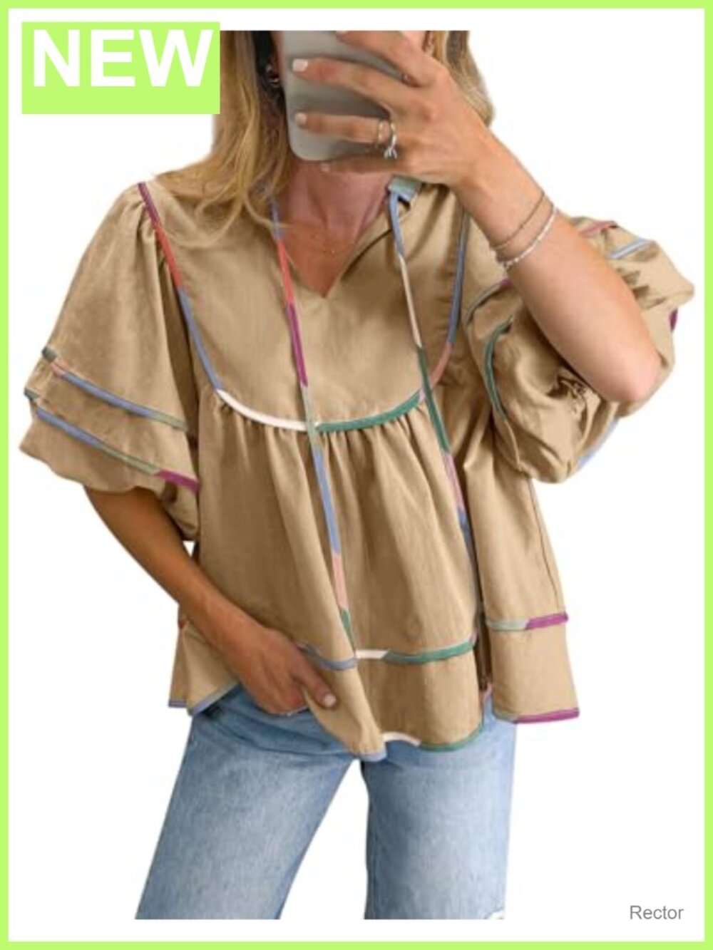 Women's Babydoll Top V Neck Short Lantern Sleeve Flowy Blouse